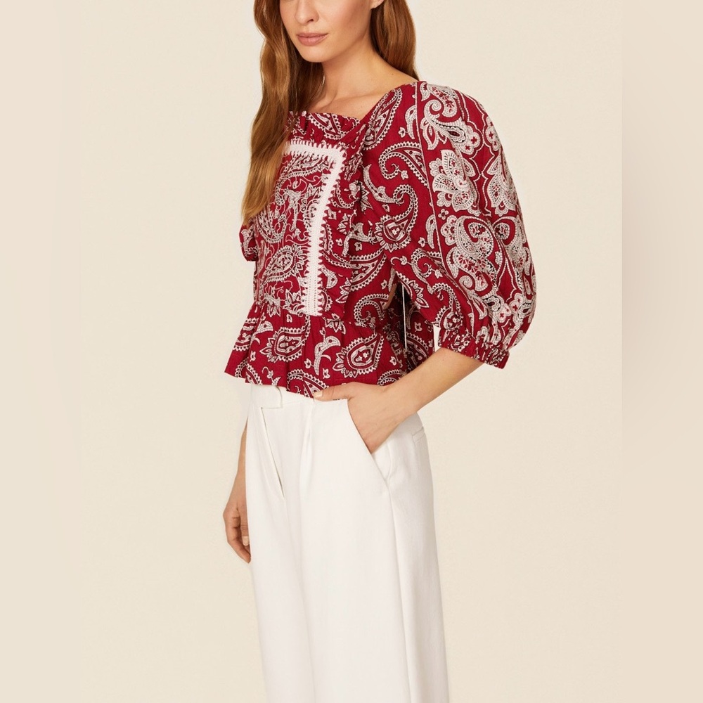 Sea New York Red Ivory Top – Boho Puff Sleeve, Square Neck, Quilted Bodice